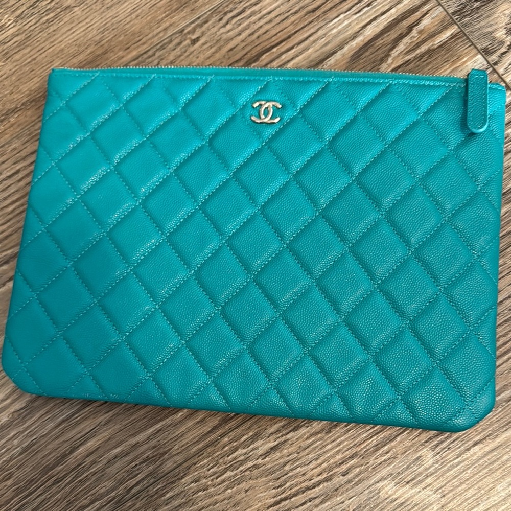 Authentic Chanel Quilted Leather Clutch - Turquoise